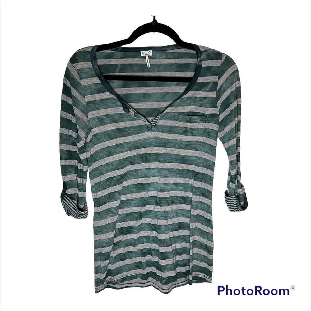🟢 2/$20 SPLENDID Cargo-Sleeve Striped V-neck T, Size Small